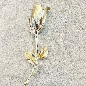 Vintage Shiny And Satin Finished Gold Tone Rose Bud On A Stem Brooch Pin